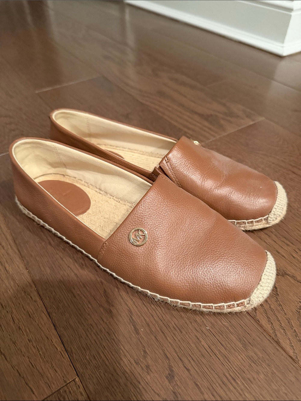 Michael Kors Brown Leather Espadrille Slip-Ons with Gold Logo